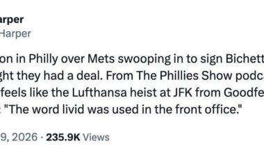 [Harper] Strong reaction in Philly over Mets swooping in to sign Bichette, as Phillies thought they had a deal. From The Phillies Show podcast, Jim Salisbury: "It feels like the Lufthansa heist at JFK from Goodfellas.'' And Todd Zolecki: "The word livid was used in the front office."