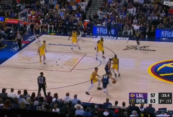 INSANE last few seconds of 2nd quarter, as Nuggets stars all hit signature moves and do not miss! Jamal Murray half court buzzer beater!