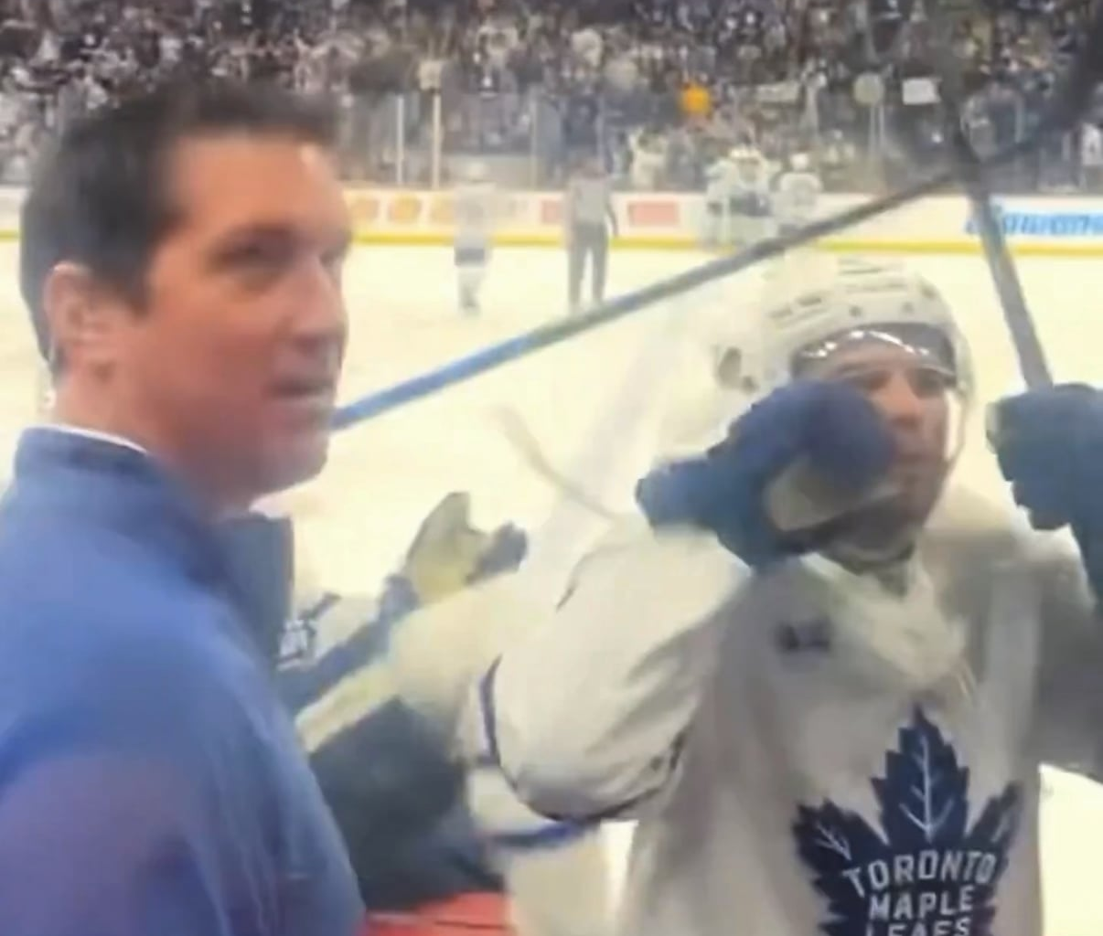 Scott Laughton with the cry face to fans after the overtime winner in Winnipeg