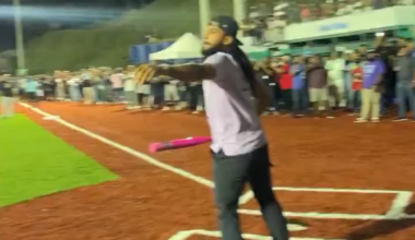 Fernando Tatis playing softball at the inauguration of the Loma de Cabrera Municipal Stadium.