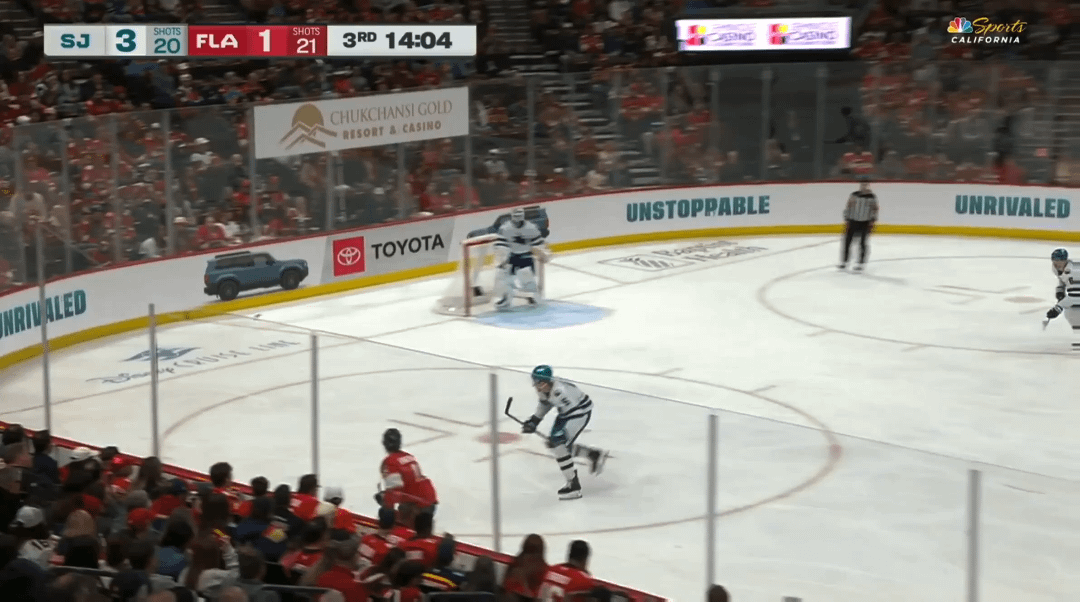 Goalies go at it as Panthers Sergei Bobrovsky skates down to the sharks end to to fight Sharks Alex Nedeljkovic