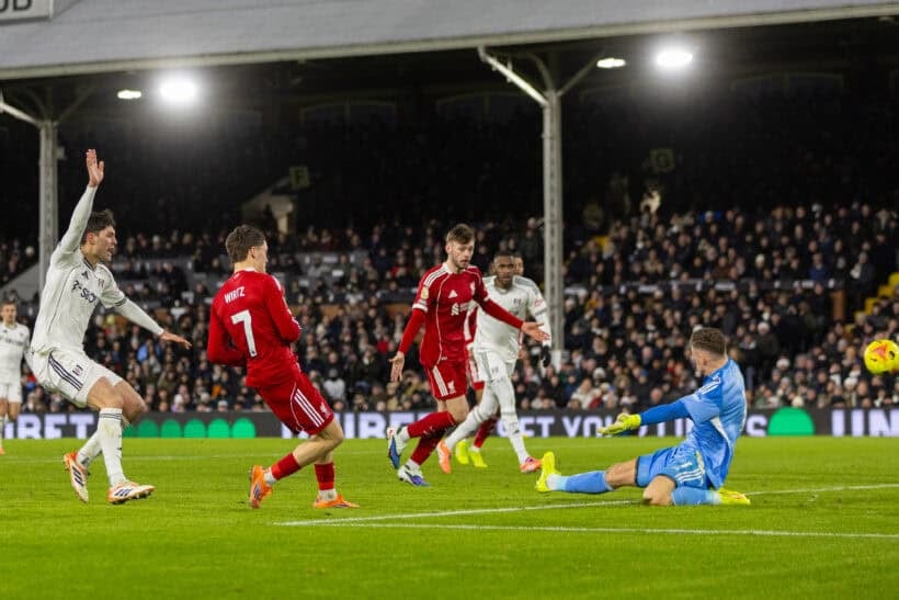 LONDON, ENGLAND - Sunday, January 4, 2026: Liverpool's Florian Wirtz scores his side's first and equalising goal during the FA Premier League match between Fulham FC and Liverpool FC at Craven Cottage. (Photo by David Rawcliffe/Propaganda)