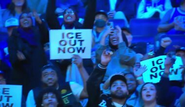 Timberwolves fans receive cheers from the local crowd when they show their "ICE OUT NOW" signs (seen on the jumbotron)