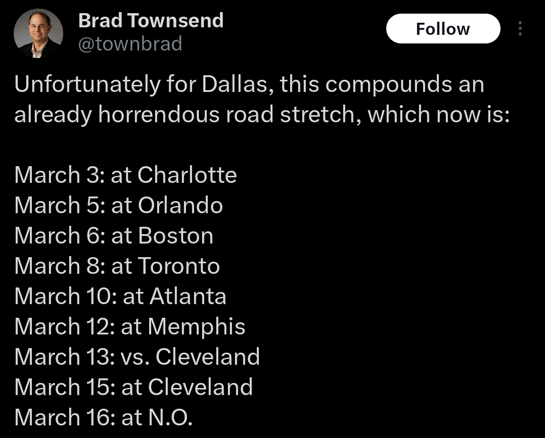 The Mavs have a brutal Spring Break Road Trip in March no matter how you wanna slice it. 9 games in 13 Days, 4 Games in 5 Nights, 5 games in 6 Nights, or 2 Back to Back's