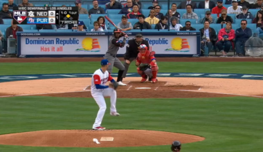 [March 20, 2017] Throwback to Team Puerto Rico catcher Yadier Molina catches Team Kingdom of the Netherlands Jurickson Profar celebrating off the 1B bag after hitting a single, and nabs him for the out in the 2017 WBC semifinals game.
