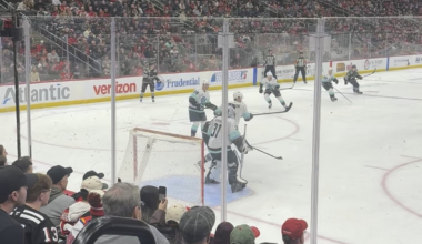 Quick clip of Devils attacking in Seattle zone with 2 mins left in the 3rd. View: 6 rows off the ice behind the goal off to the goalie’s right