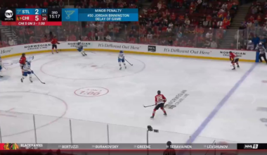 Tyler Bertuzzi scores but a quick whistle bails out Binnington.  Bertuzzi eventually gets a 10 minute misconduct for abuse of officials after the Andre Burakovsky goal.