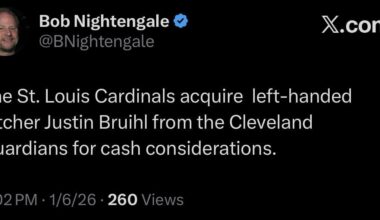 [Nightengale] The St. Louis Cardinals acquire left-handed pitcher Justin Bruihl from the Cleveland Guardians for cash considerations.
