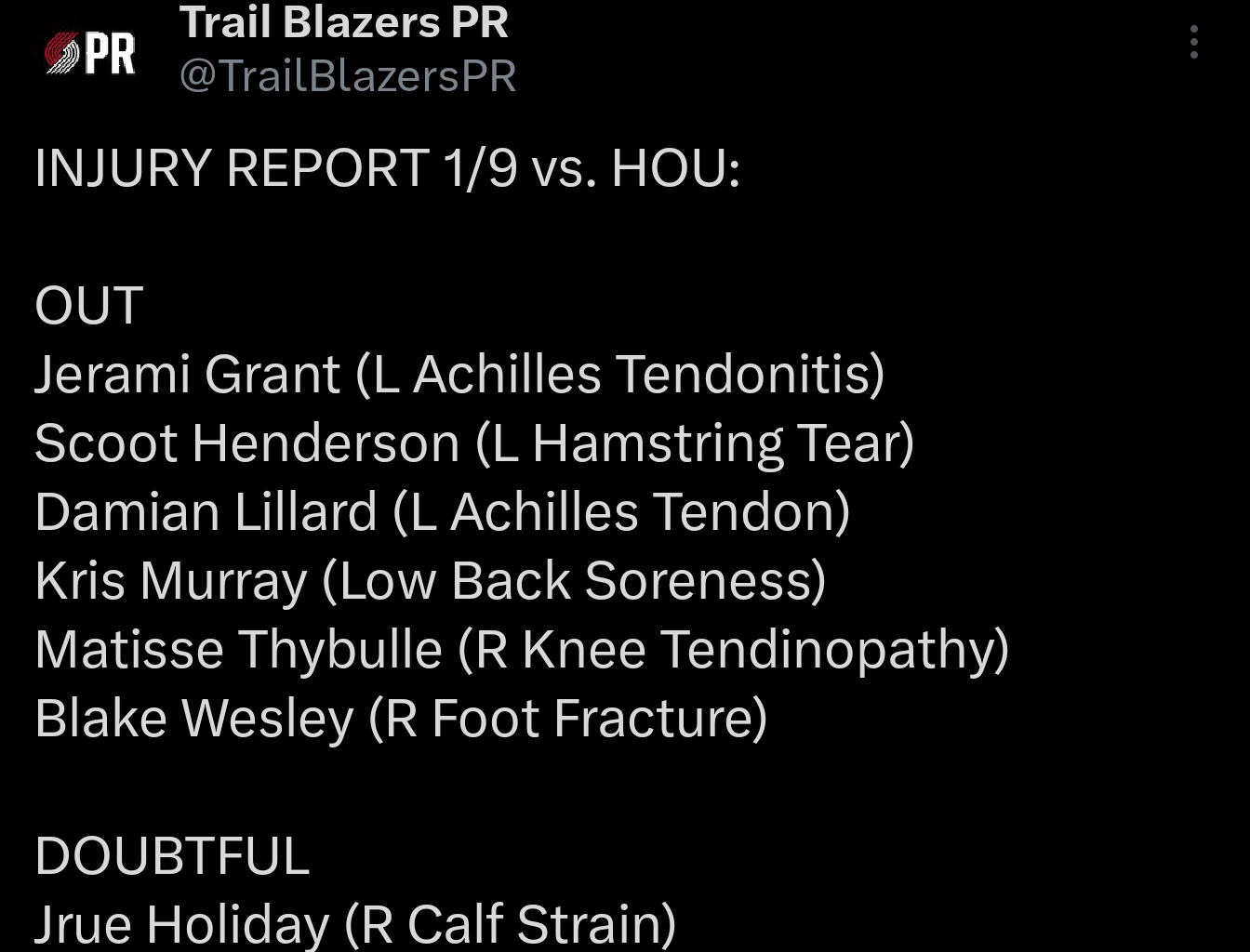 Jrue moved from OUT to DOUBTFUL on the injury report