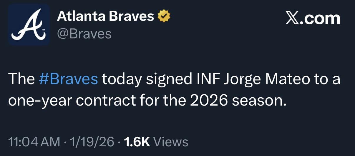 [Braves] The #Braves today signed INF Jorge Mateo to a one-year contract for the 2026 season.