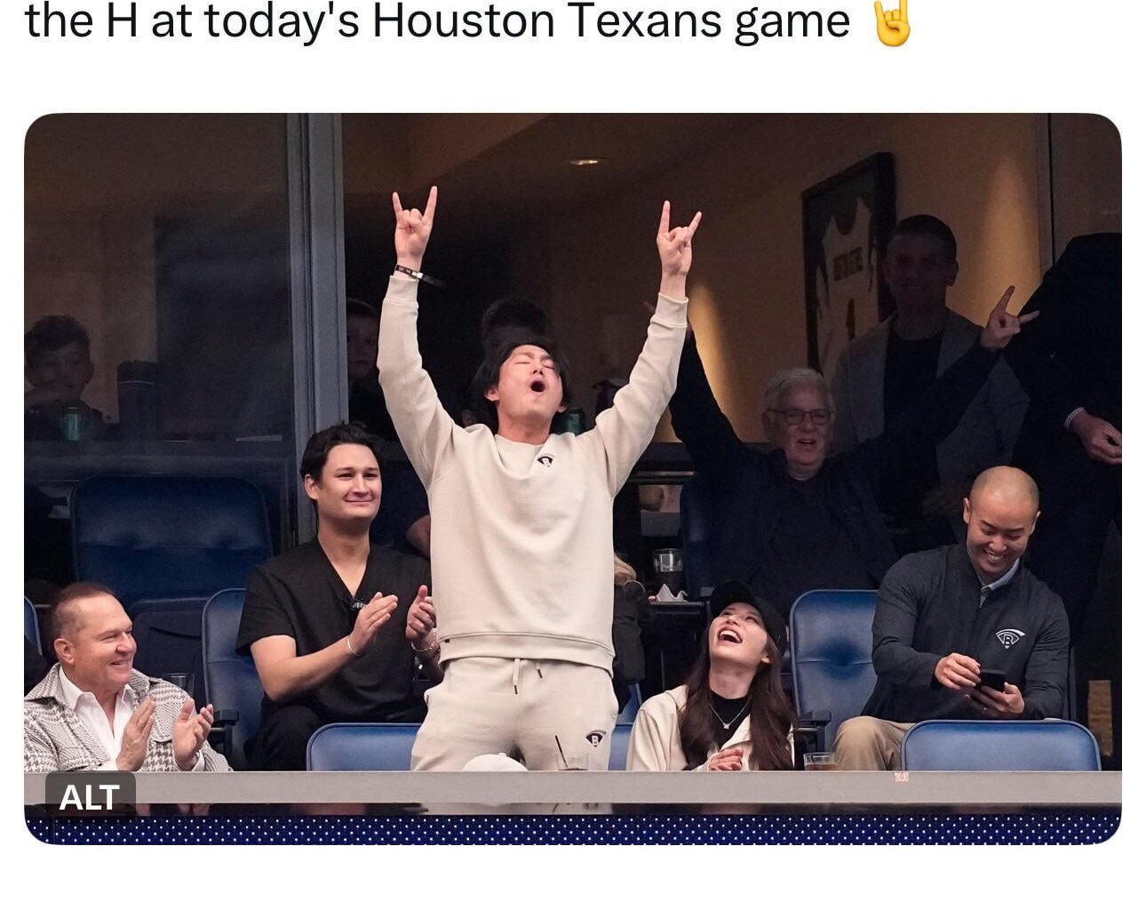 Tatsuya Imai, the Houston Astros’s newest Japanese pitcher, throws up the H at the Texans game