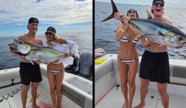 Giants rookie quarterback Jaxson Dart has started his off-season vacation deep-sea fishing, and he caught a massive TUNA while in Southern Baja, Mexico with his girlfriend Marissa Ayers