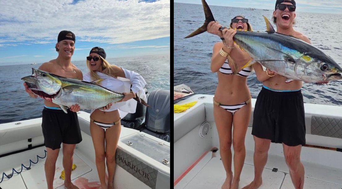 Giants rookie quarterback Jaxson Dart has started his off-season vacation deep-sea fishing, and he caught a massive TUNA while in Southern Baja, Mexico with his girlfriend Marissa Ayers
