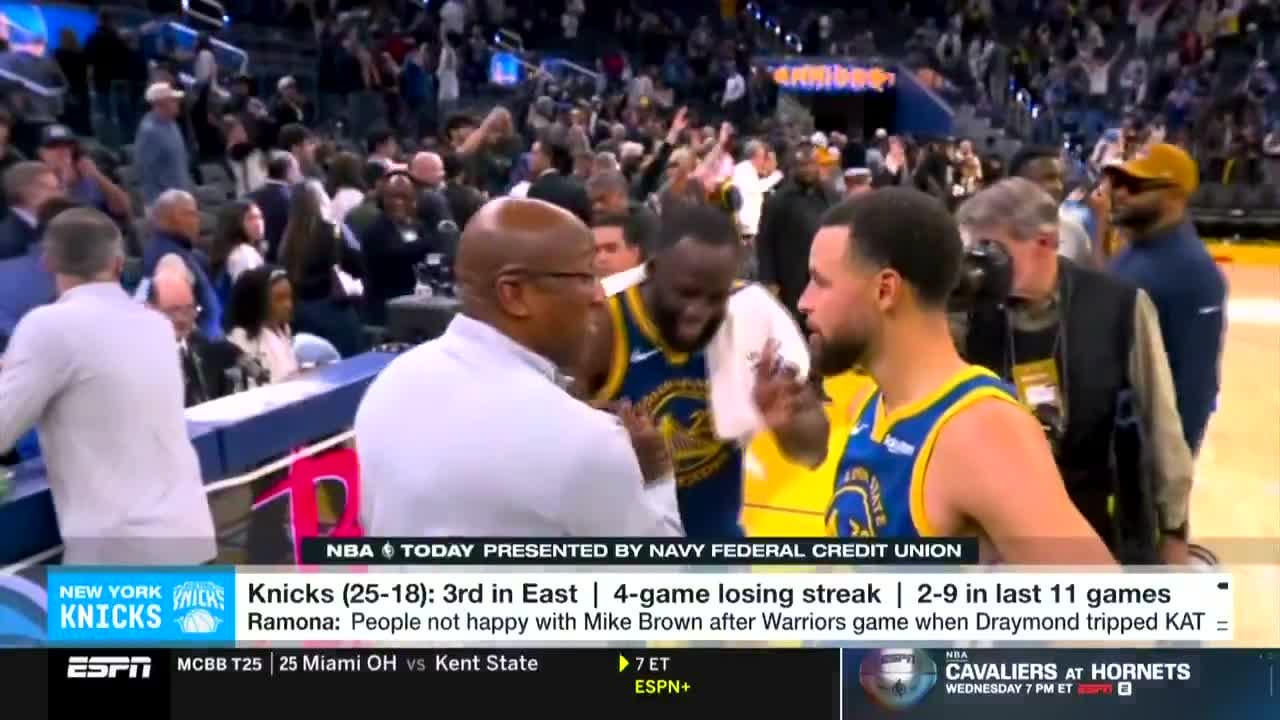 [Shelburne] “When Draymond tripped and fouled KAT, Mike Brown was seen afterwards hugging Draymond Green… From what I understand that didn't land well with a lot of folks there in New York. In that locker room and that organization… it didn’t land well. Especially in the middle of a losing streak.”