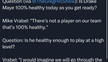 [Mike Reiss] Question (via @TheGregHillShow): Is Drake Maye 100% healthy today as you get ready?