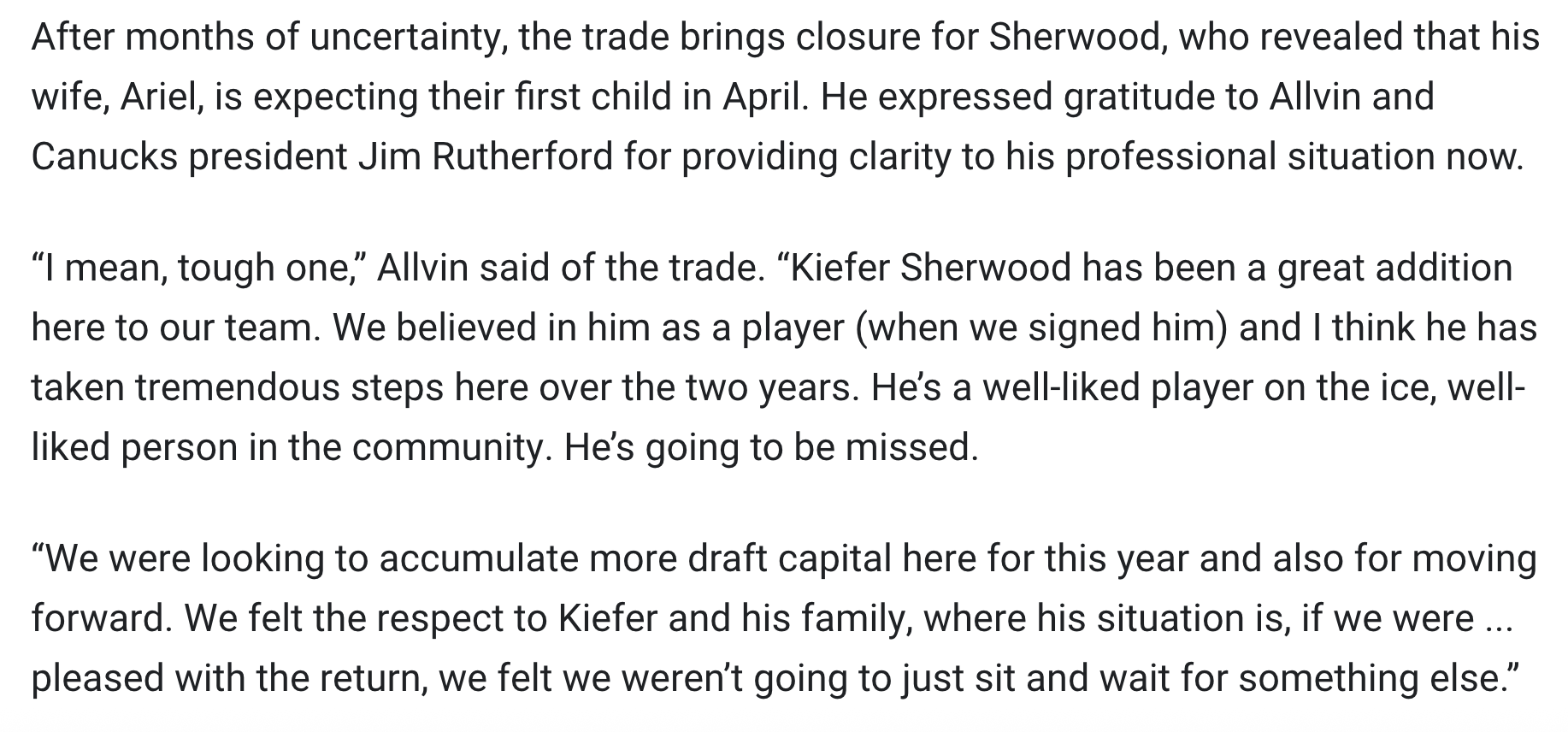 [IMac] Sherwood and his wife expecting first child in April; influenced Canucks' decision to move him early