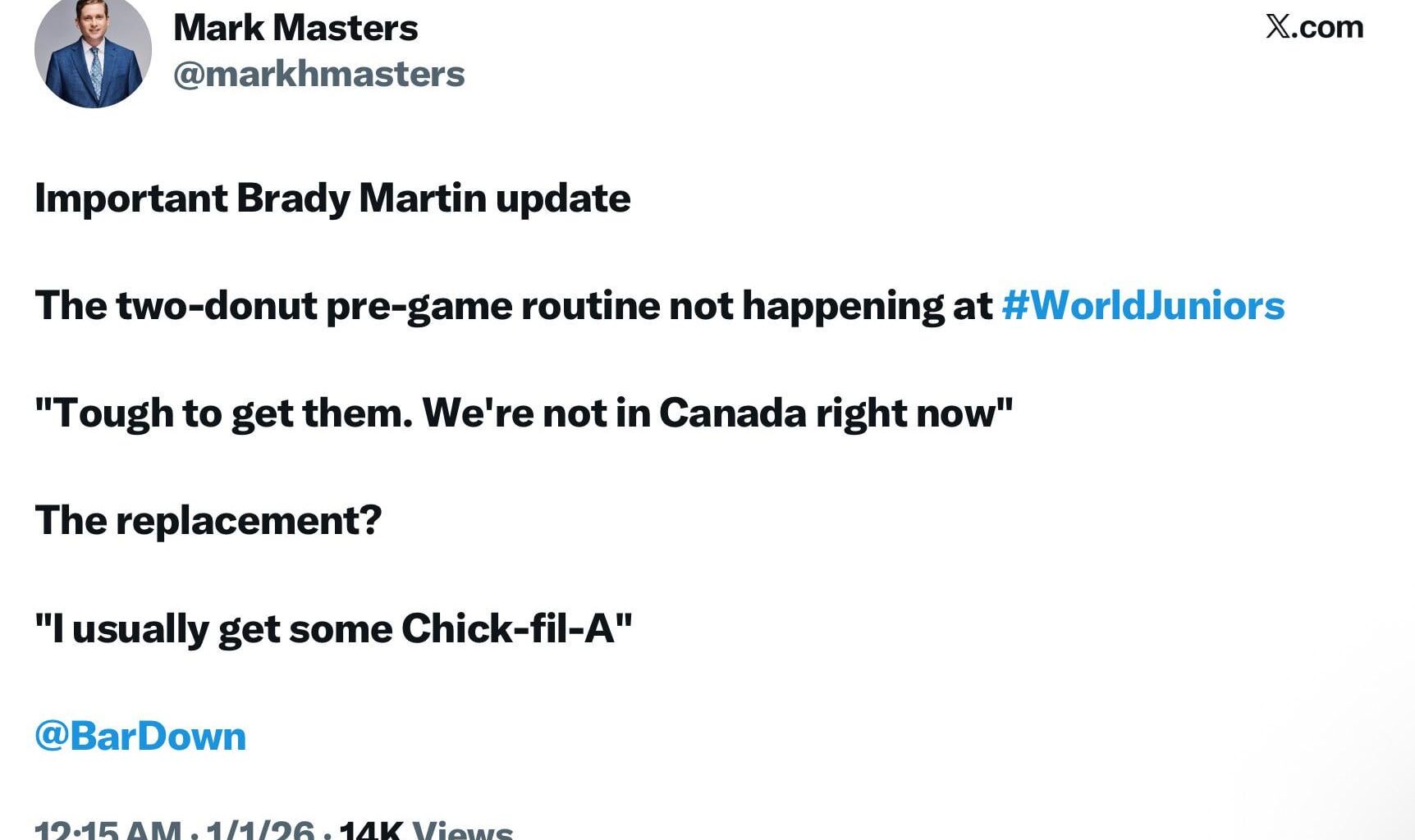 Brady Martin has replaced Tim Hortons with Chick Fil A