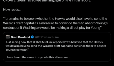 [BTRowland] UPDATE: Stein has edited the language on the initial report. Now reads… “it remains to be seen whether the Hawks would also have to send the Wizards draft capital as a measure to convince them to absorb Young's contract or if Washington would be making a direct play for Young”