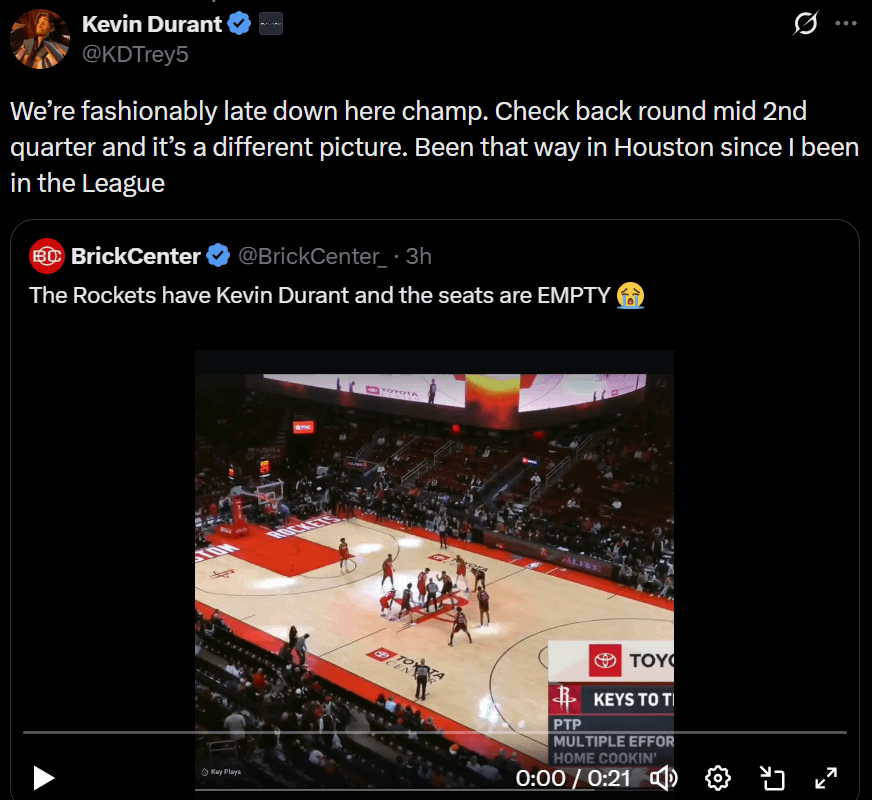 Durant comments on empty seats in at Toyota Center