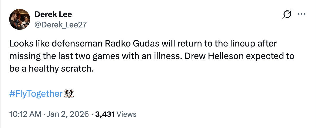 [Derek Lee] Gudas will return to the lineup ... Helleson expected to be a healthy scratch (vs the Wild tonight)
