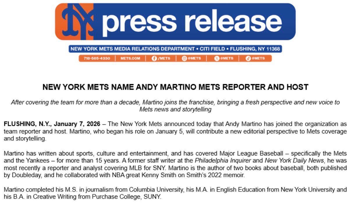 Andy Martino is now officially working for the Mets as a team reporter and host
