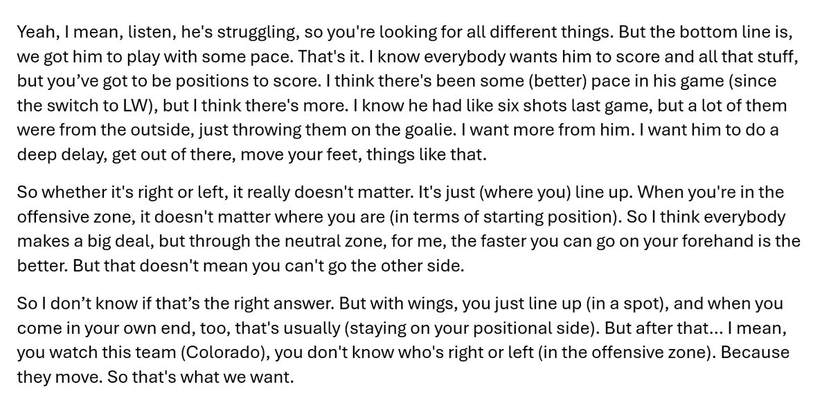 [Charlie O'Connor] Asked Tocchet today if he'd consider moving Michkov back to RW, or if he think he'll keep him at LW the rest of the season. He didn't rule it out, but it's clear Tocchet still thinks Michkov is benefitting from the LW/RW switch & is skeptical it's hurting him offensively: