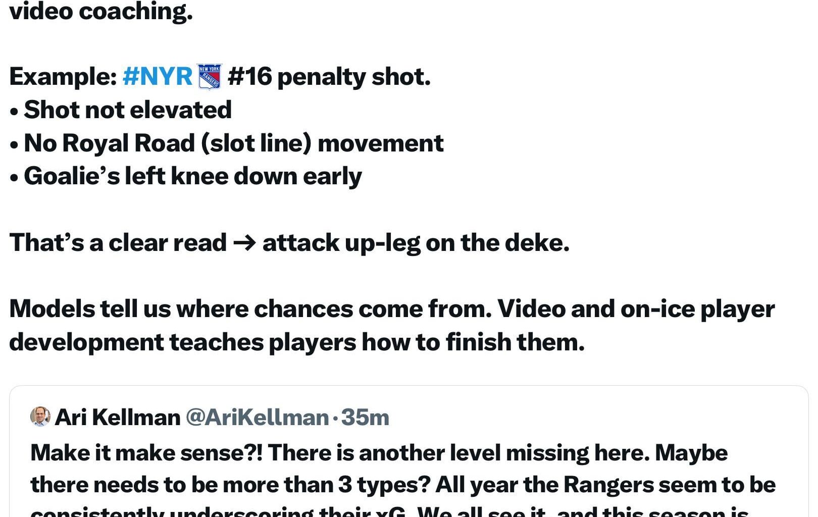 [Valiquette] The missing layer isn’t another xG bucket…it’s video coaching…Models tell us where chances come from. Video and on-ice player development teaches players how to finish them.