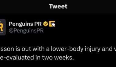 [Penguins PR] Karlsson is out with a lower-body injury and will be re-evaluated in two weeks.