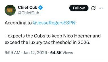 “According to JesseRogersESPN - expects the Cubs to keep Nico Horner and exceed the luxury tax threshold in 2026.”