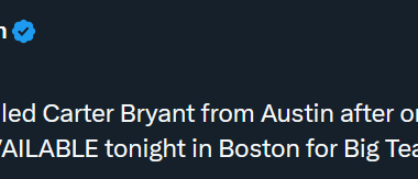 [Guzman] Spurs have recalled Carter Bryant from Austin after one game. He’s expected to be AVAILABLE tonight in Boston for Big Team.