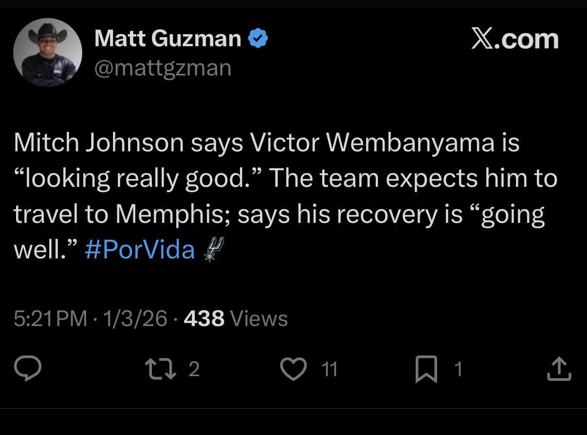 [Guzman] Wemby is recovering well and is expected to travel to Memphis