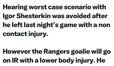 [Kaplan] Hearing worst case scenario with Igor Shesterkin was avoided after he left last night’s game with a non contact injury. However the Rangers goalie will go on IR with a lower body injury. He will continue to be evaluated.