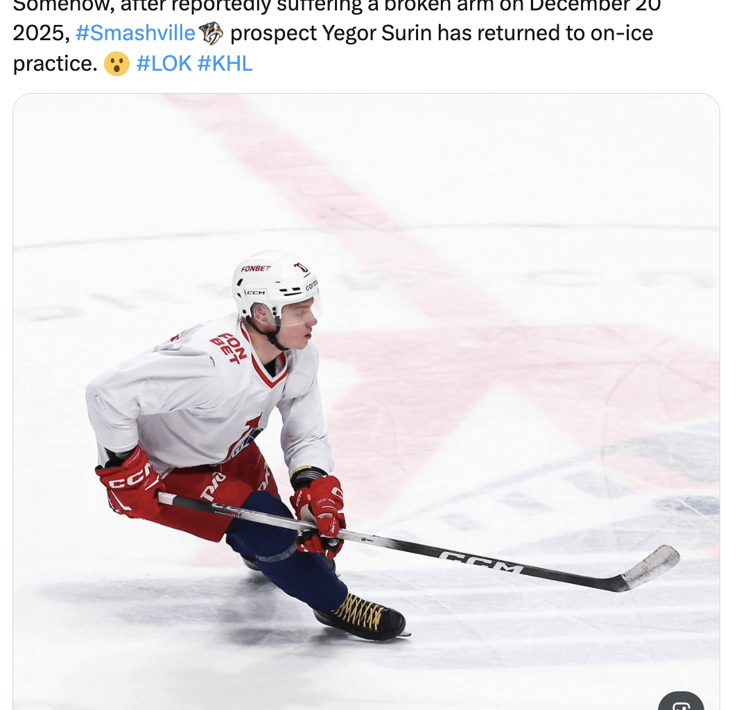 [Hockey News Hub] Somehow, after reportedly suffering a broken arm on December 20 2025, Smashville prospect Yegor Surin has returned to on-ice practice.