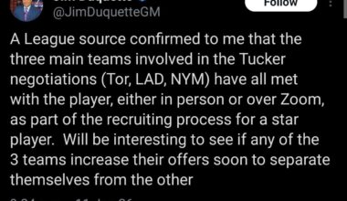 [Jim Duquette]A League source confirmed to me that the three main teams involved in the Tucker negotiations (Tor, LAD, NYM) have all met with the player, either in person or over Zoom, as part of the recruiting process for a star player. Will be interesting to see if any of the 3 teams increase the