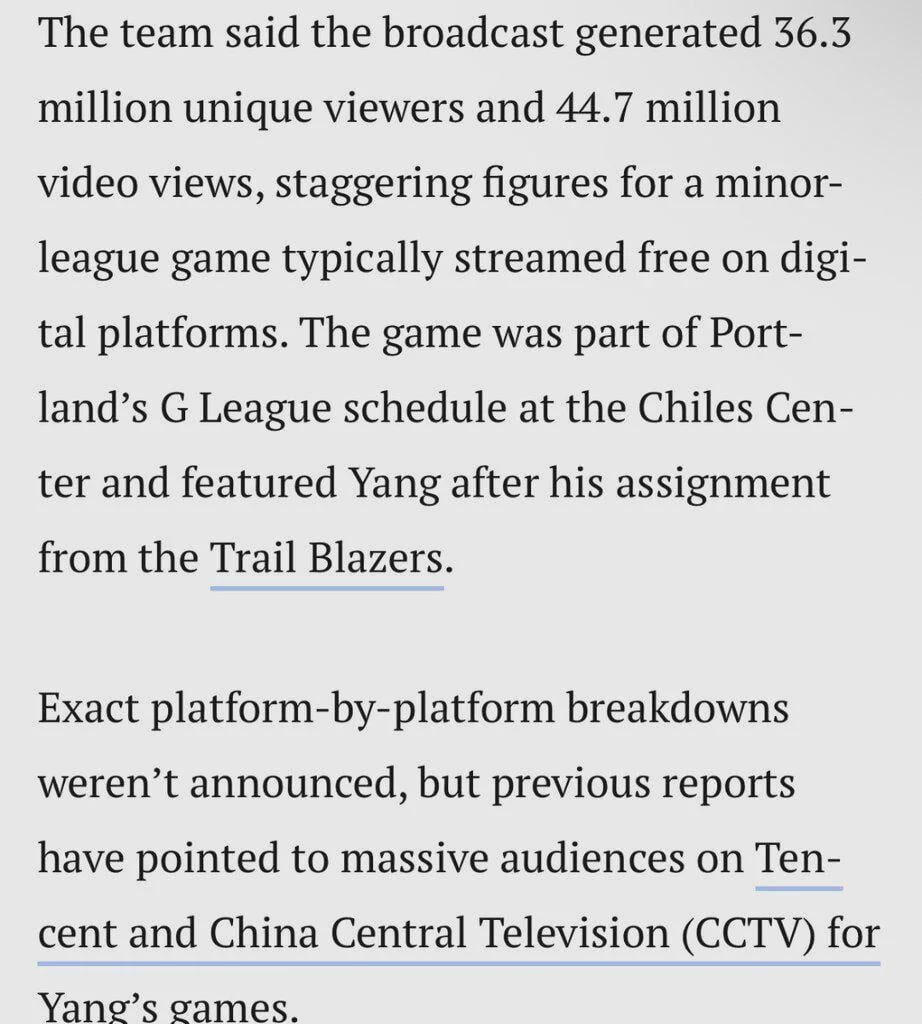Fun Fact, did you know that a regular G League game where Yang Hansen played had more viewership than MLB Finals?