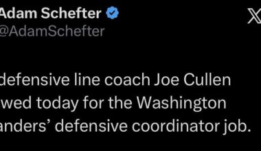 [Schefter] “Chiefs defensive line coach Joe Cullen interviewed today for the Washington Commanders’ defensive coordinator job.”