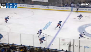 Fresh out of the box after getting a penalty for arguing with the refs, Troch takes a shot that gets deflected into the ref's face