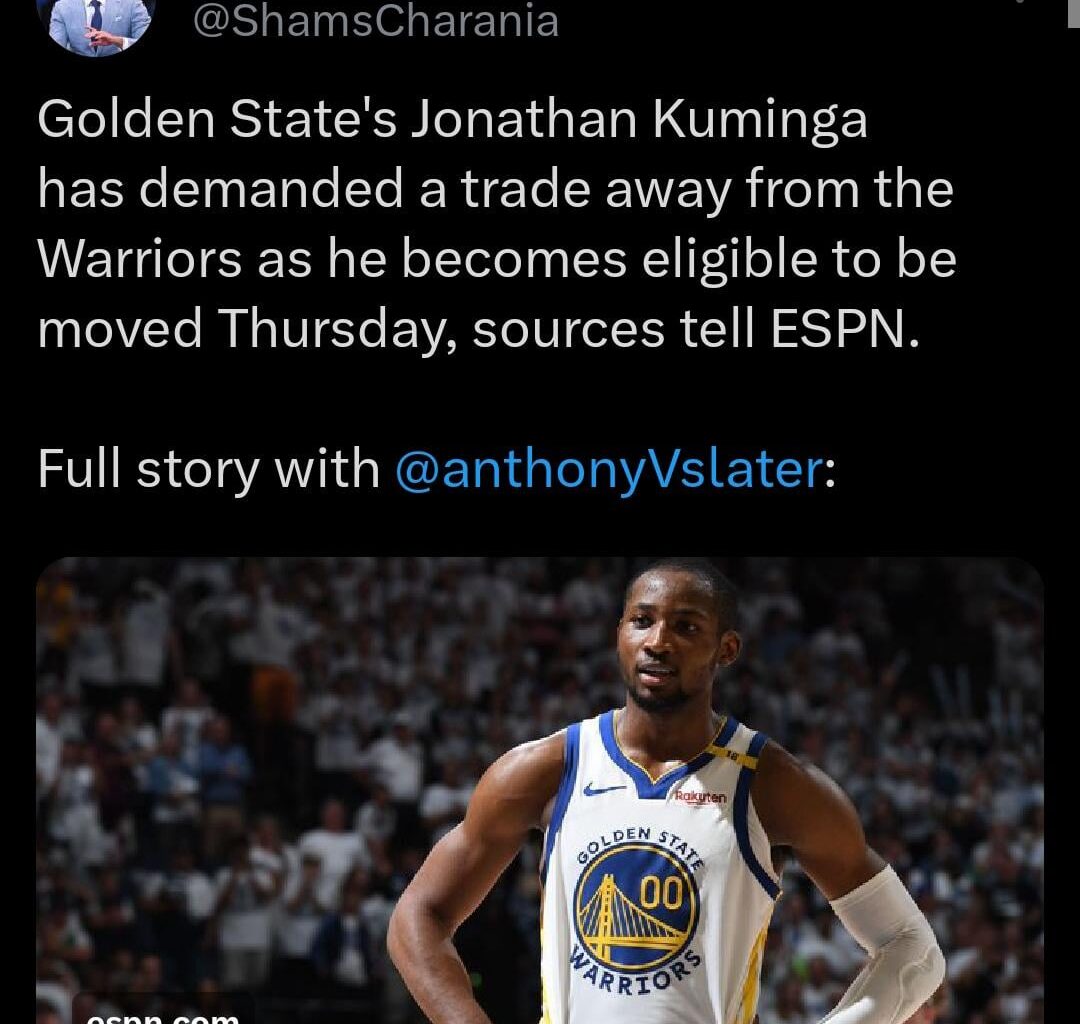 Golden State's Jonathan Kuminga has demanded a trade away from the Warriors as he becomes eligible to be moved Thursday, sources tell ESPN.