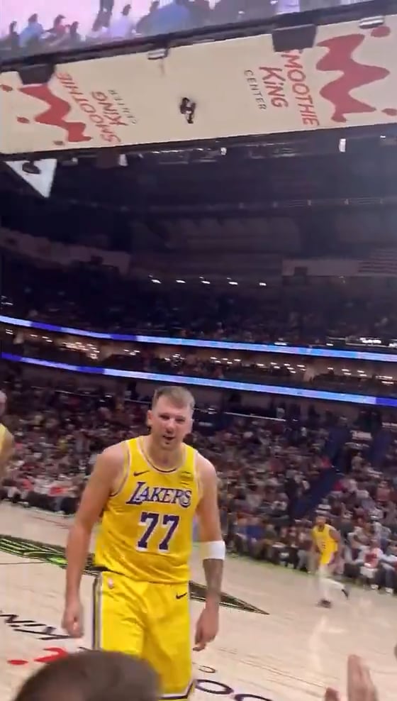 Luka sinks the clutch 3, then trash-talks a heckling Pelicans fan sitting courtside