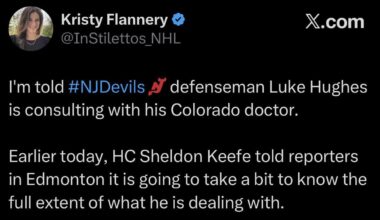 [Flannery] I'm told #NJDevils defenseman Luke Hughes is consulting with his Colorado doctor. Earlier today, HC Sheldon Keefe told reporters in Edmonton it is going to take a bit to know the full extent of what he is dealing with.