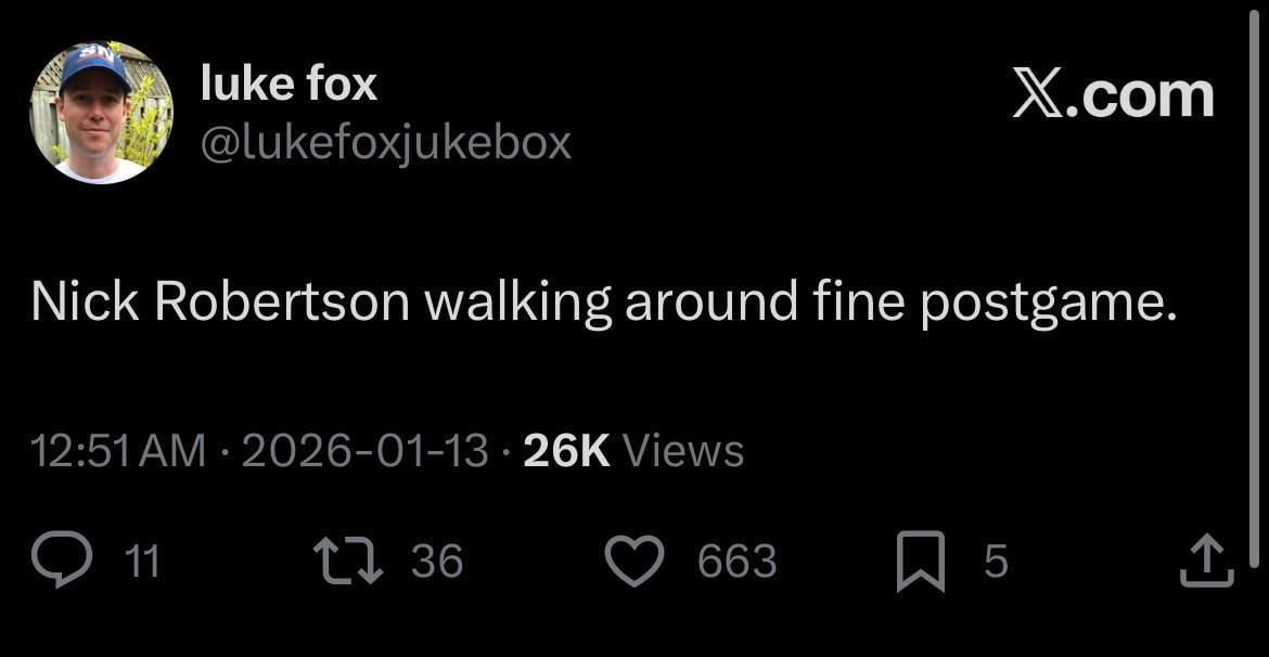 [Fox] Nick Robertson walking around fine postgame.