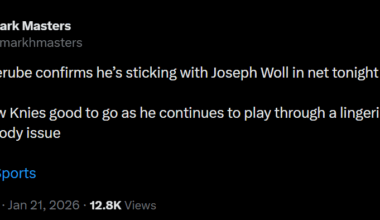 [Masters] Craig Berube confirms he’s sticking with Joseph Woll in net tonight Matthew Knies good to go as he continues to play through a lingering lower-body issue