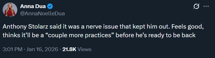 [Dua] Anthony Stolarz said it was a nerve issue that kept him out. Feels good, thinks it’ll be a “couple more practices” before he’s ready to be back