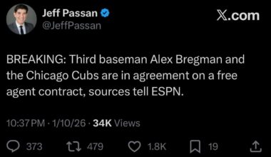 Passan: Third baseman Alex Bregman and the Chicago Cubs are in agreement on a free agent contract, sources tell ESPN.