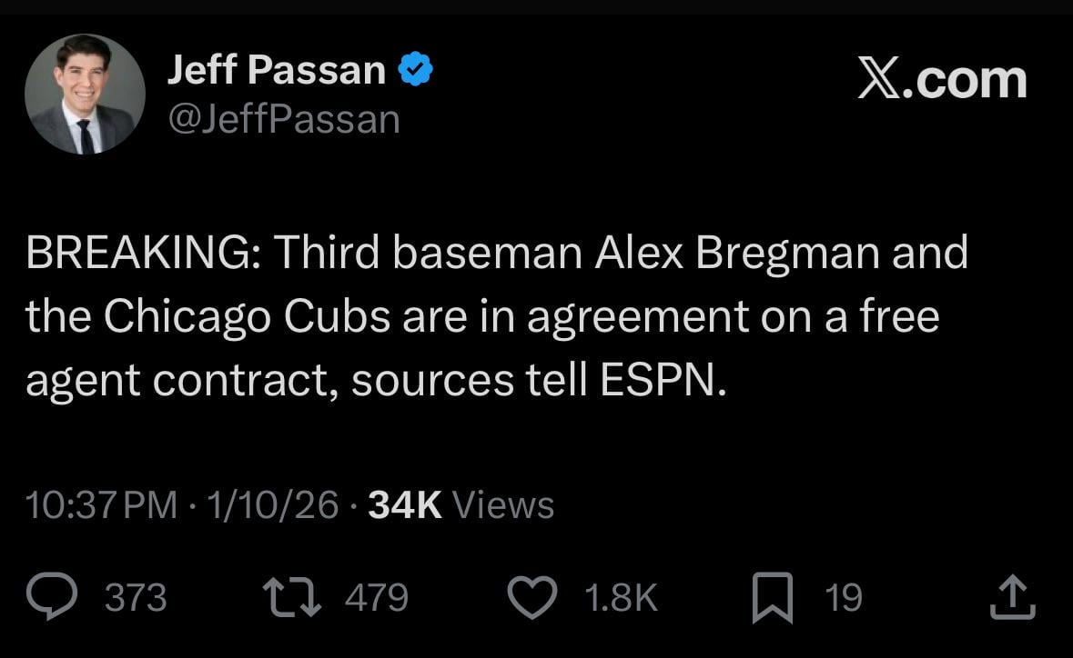 Passan: Third baseman Alex Bregman and the Chicago Cubs are in agreement on a free agent contract, sources tell ESPN.