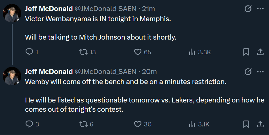 [McDonald] Wemby available tonight vs Memphis