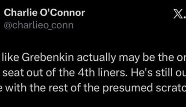 [Charlie O’Connor] Looks like Grebenkin actually may be the one to take a seat out of the 4th liners. He’s still on the ice with the rest of the presumed scratches.