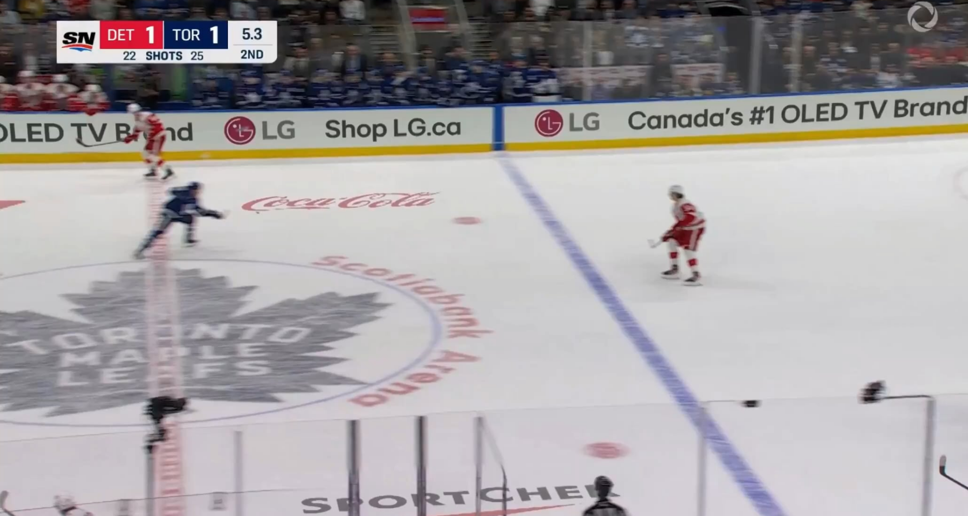 Simon Benoit sits down Lucas Raymond. Edvinsson takes exception and a scrum breaks out in the corner.