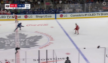 Simon Benoit sits down Lucas Raymond. Edvinsson takes exception and a scrum breaks out in the corner.