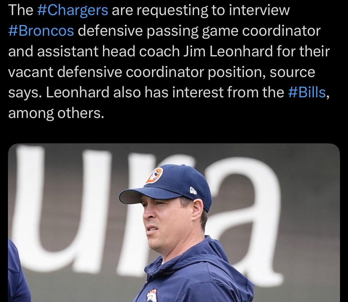[Rapoport] The #Chargers are requesting to interview #Broncos defensive passing game coordinator and assistant head coach Jim Leonhard for their vacant defensive coordinator position, source says. Leonhard also has interest from the #Bills, among others.